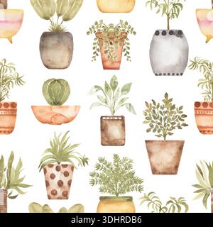 Aquarelle fleurs peintes à la main motif sans couture, plantes d'intérieur graphiques répéter le papier Banque D'Images