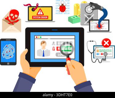 Concept de sécurité Internet. Pirate tenant la tablette pc en main et piratant le mot de passe avec Flat Icons virus, Spam et bug. illustration vectorielle isolée Illustration de Vecteur