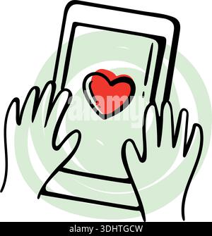 Mains tenant smartphone avec coeur rouge à l'écran, rencontre virtuelle et concept d'amour à longue distance, doodle dessiné à la main. Illustration de Vecteur