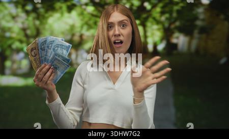 Jeune femme blonde dans un parc détenant des billets de banque hongrois en forint à l'extérieur, exprimant le bonheur et le succès financier, une verdure vibrante dans le backgrou Banque D'Images