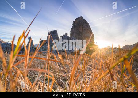 Vue des herbes dorées balancer au premier plan tandis que le soleil embrasse des sommets déchiquetés sous un ciel strié de traînées, Dolomites, Campitello di Fassa, Trenti Banque D'Images