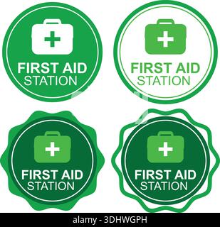 Autocollant de sécurité pour poste de premiers soins avec croix médicale et icône de trousse d'urgence Illustration de Vecteur