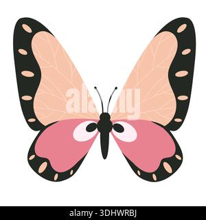 Papillon rose avec ailes déployées en vol. Papillon d'été. Illustration d'insecte de printemps. Beaux papillons tropicaux d'été dessinés à la main. Style plat Illustration de Vecteur