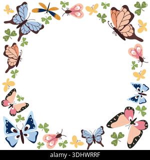 Cadre rond d'été avec des papillons lumineux et colorés. Illustration printanière d'insectes, libellules et mites dans un style plat. Illustration de Vecteur