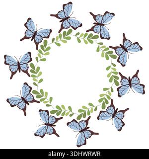 Cadre rond d'été avec des papillons bleus entourés de feuilles vertes. Illustration printanière d'insectes, libellules et mites dans un style plat. Illustration de Vecteur