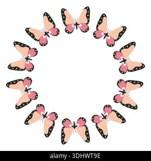 Cadre rond d'été avec des papillons roses. Illustration d'insecte de printemps dans le style plat. Illustration de Vecteur