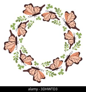 Cadre rond d'été avec des papillons entourés de plantes vertes. Illustration printanière d'insectes, libellules et mites dans un style plat. Illustration de Vecteur