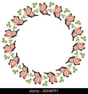 Cadre rond d'été avec papillons flottant et feuilles de trèfle. Illustration printanière d'insectes, libellules et mites dans un style plat. Illustration de Vecteur
