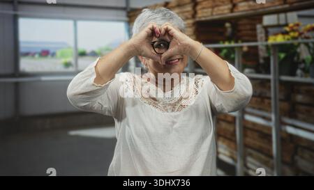 Femme forme le cœur avec les mains sur les yeux tout en regardant à travers les lunettes, portant chemisier blanc en dentelle dans l'allée de la serre avec des plantes et des caisses en bois ; joie Banque D'Images