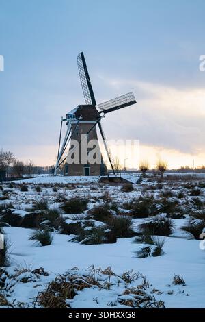 Champ enneigé avec moulin à vent hollandais traditionnel au coucher du soleil, paysage hivernal près de Haastrecht, pays-Bas Banque D'Images
