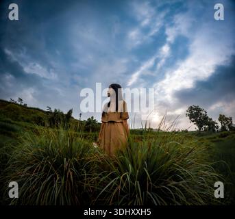 Femme asiatique font des voyages en solo dans le village. Profitant de la vue sur les rizières vertes. Banque D'Images