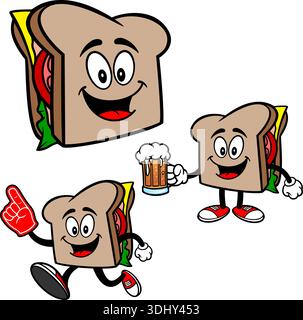 Sandwich Mascot Set 05, illustrations dessinées à la main de mascottes Sandwich dans diverses poses. Illustration de Vecteur