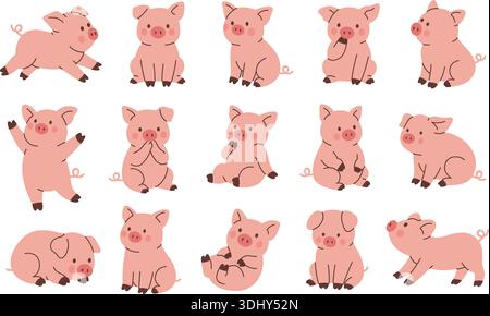 Ensemble de jolis porcelets roses. Collection de personnages vectoriels de cochon de dessin animé pour des conceptions de ferme, des livres pour enfants et des illustrations de pépinière Illustration de Vecteur