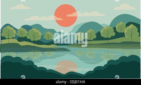 Paysage de lac de montagne avec reflet de coucher de soleil Illustration de Vecteur