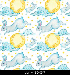 Modèle sans couture avec lapins de lune parmi les étoiles et les nuages. Illustration d'aquarelle dessinée à la main, dessin animé. Conception pour scrapbooking, autocollant, carte, bannière Banque D'Images