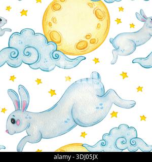 Modèle sans couture avec lapins de lune parmi les étoiles et les nuages. Illustration d'aquarelle dessinée à la main, dessin animé. Conception pour scrapbooking, autocollant, carte, bannière Banque D'Images