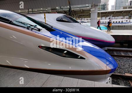Tokyo, Japon - 2 janvier 2016. Train à grande vitesse moderne Shinkansen garé sur le quai central animé de la gare de Tokyo. Banque D'Images