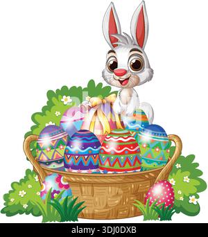 Joli lapin blanc est assis derrière un panier en osier rempli d'œufs de Pâques aux motifs vibrants Illustration de Vecteur