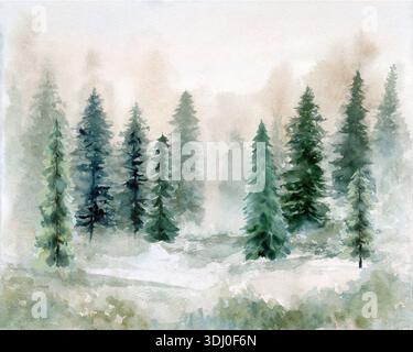 Paysage de forêt de pins d'hiver brumeux avec des arbres à feuilles persistantes dans le brouillard, illustration aquarelle peinte à la main Banque D'Images