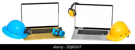 Ordinateurs portables avec des écrans vierges entourés de casques de construction, isolés sur fond blanc avec chemin de clipping, symbolisant la sécurité au travail Banque D'Images