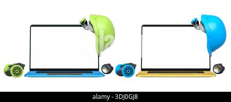 Ordinateurs portables avec des écrans vierges entourés de casques de construction, respirateurs et protections auditives isolés sur fond blanc avec chemin de clipping, symbolisant w Banque D'Images