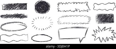 Ensemble d'éléments d'esquisse de cadre de craie. Crayon à crayon dessiné à la main, pinceau texture coup de gribouillage doodle éléments de tableau noir. Bulles de marqueur, croquis Illustration de Vecteur