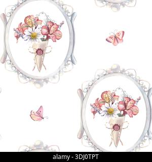 Modèle sans couture, cadre vintage, chrysanthème, alstroemeria, papillons. Illustration aquarelle peinte à la main isolée sur blanc pour textile Banque D'Images