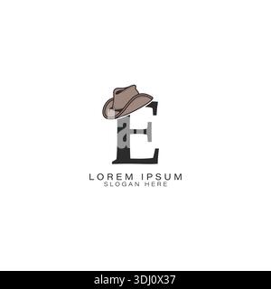 Logo lettre E avec un chapeau de cow-boy. Alphabet E avec icône de chapeau Stetson moderne Illustration de Vecteur