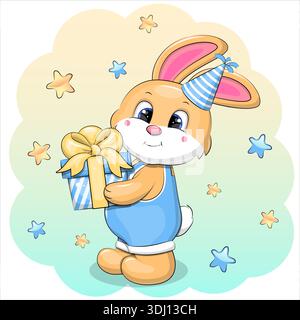 Carte d'anniversaire avec lapin de dessin animé mignon et cadeau. Illustration vectorielle animale sur fond jaune et bleu avec des étoiles. Illustration de Vecteur