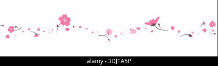 Fleurs de sakura bordure avec pétales roses tombant. En-tête de vente de printemps, cadre horizontal pour bannière, séparateur de texte de style japonais, titre pour Illustration de Vecteur