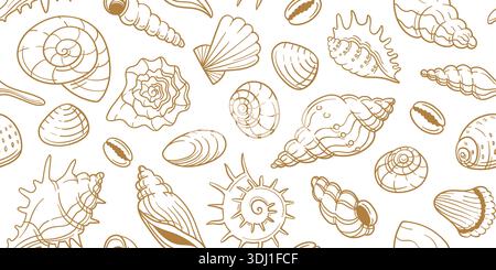 Motif Seashell sans couture avec palourdes doodle pour papier peint côtier, textile nautique. Fond marin de vecteur d'escargot d'huître dessiné à la main, mer et océan Illustration de Vecteur
