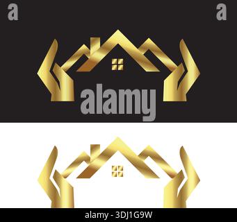 Main sur le modèle de logo Real Estate avec le modèle de conception de logo Real Estate Icon de couleur dorée Vector Design Illustration de Vecteur