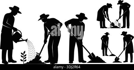 Ensemble de silhouette de jardinage d'agriculteurs, hommes et femmes creusant le sol et arrosant les plantes, concept d'agriculture, illustration vectorielle sur fond blanc, wor Illustration de Vecteur