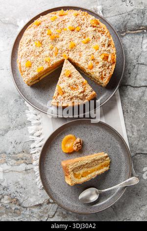 Abricots séchés et noix superposés gâteau dans une assiette sur la table. Vue de dessus verticale Banque D'Images