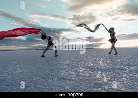 Deux jeunes danseurs modernes dansant sur le lac en tulle rouge. Banque D'Images