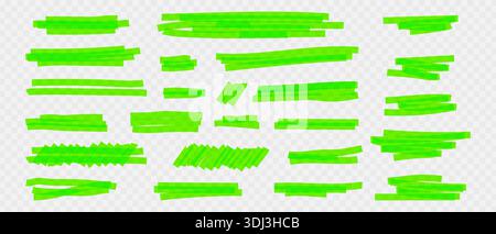 Marqueur de lignes de surbrillance vert ou stylo feutre, pinceau Doodle soulignant les soulignements vert néon lumineux de différentes longueurs et formes, Marker Hand Illustration de Vecteur