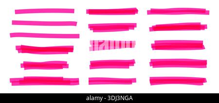 Marqueur de lignes de surligneur rose ou stylo feutre, pinceau Doodle soulignant les soulignements rose fluo vif de différentes longueurs et formes, dessin de main de marqueur Illustration de Vecteur
