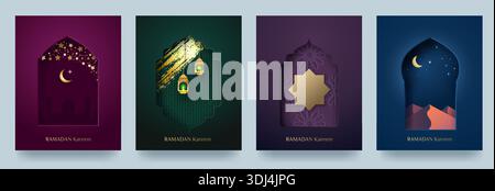 Un ensemble de cartes de voeux Ramadan Kareem. Motifs, fenêtres arabes découpées en papier dans le style islamique et dégradés. Convient pour les cartes de vœux, les bannières et Illustration de Vecteur