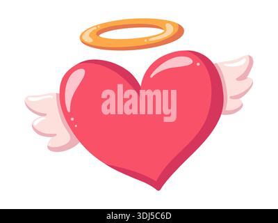 Coeur rouge mignon avec ailes rose clair et halo doré. Angel Heart. Illustration de dessin animé isolé de vecteur sur fond blanc Illustration de Vecteur