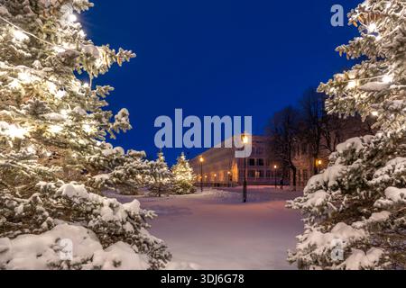 Oulianovsk, Russie - 14 février 2022 : arbres de Noël enneigés décorés de guirlandes, de lampadaires et de l'Université pédagogique d'État d'Oulianovsk. Banque D'Images