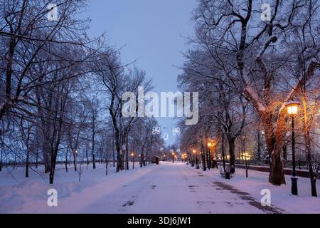 Oulianovsk, Russie - 14 février 2022 : allée hivernale du soir avec bancs et décorations du nouvel an. Rue enneigée dans les décorations de Noël. Banque D'Images