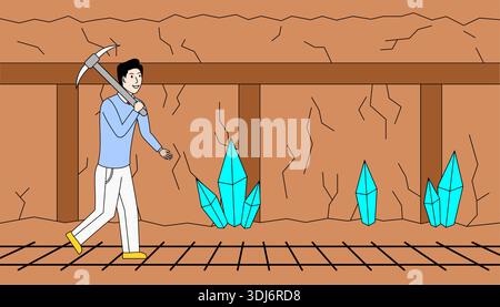 L'homme marche dans une grotte avec une pioche à la main. La grotte est remplie de cristaux bleus et de plantes Illustration de Vecteur