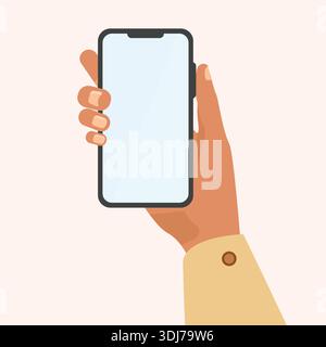 Main tenant smartphone avec écran vierge dans un style d'illustration plat, maquette d'appareil mobile moderne isolé sur fond clair. Illustration de Vecteur