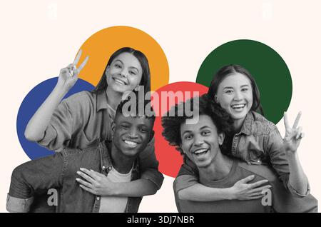 Collage d'amis s'amusant et souriant ensemble dans un moment ludique Banque D'Images