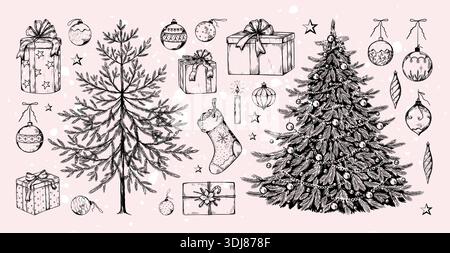Sapin joyeux Noël vintage. Croquis noir et blanc dessiné à la main. Boîte cadeau rétro Line ou cadeau d'art Noël. Ornement du nouvel an. Chaussettes des fêtes ou boules de jouet guirlande festive. Ensemble d'éléments isolés vectoriels Illustration de Vecteur