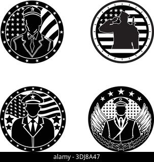 Icône d'insigne militaire patriotique noir et blanc avec silhouettes de soldat, éléments de drapeau américain, emblèmes d'officier de l'armée et symboles de défense de vétéran Illustration de Vecteur