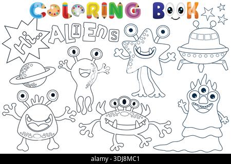 Monstres extraterrestres amusants et une page de livre de coloriage de collection de vaisseau spatial pour les enfants. Illustration de Vecteur