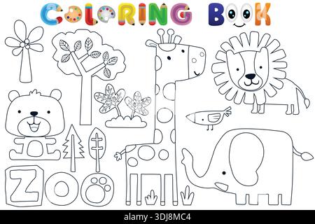 Zoo Animals collection coloriage page de livre pour les enfants avec girafe, lion et éléphant. Illustration de Vecteur