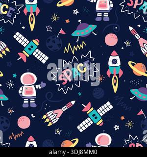 Espace coloré dessiné à la main et modèle sans couture d'astronaute pour le décor de chambre d'enfants. Illustration de Vecteur