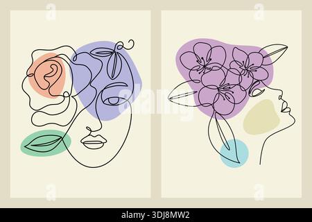 Portraits minimalistes en ligne continue de visages de femmes avec des éléments floraux et des formes abstraites. Illustration de Vecteur